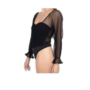 Whimsigoth Bodysuit Black Ruched Bodice Sheer Long Sleeve Size M Witchy